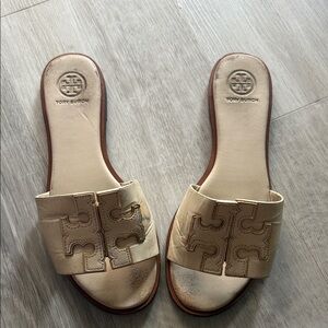 Tory Burch Beige Leather Logo Slide Sandals